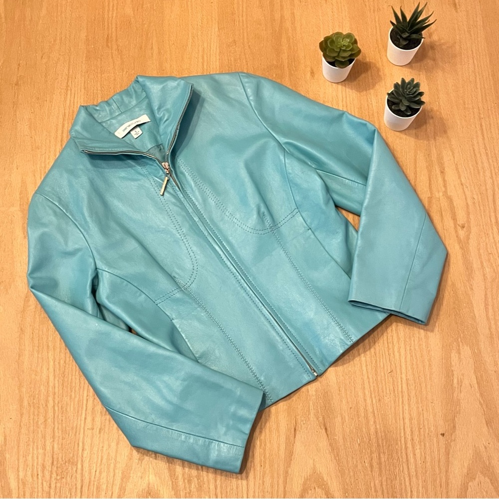 Sienna Studio Women’s Y2K Tiffany Blue / Turquoise Zip Up Leather Jacket